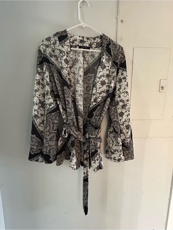 Olivaceous Jackets & Blazers - Olivaceous Black and White Paisley Wrap Blouse
